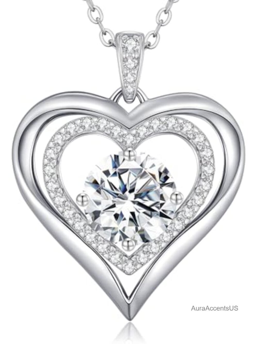 Moissanite Double Heart Pendant Necklace 925 Sterling Silver 18-20 Inch